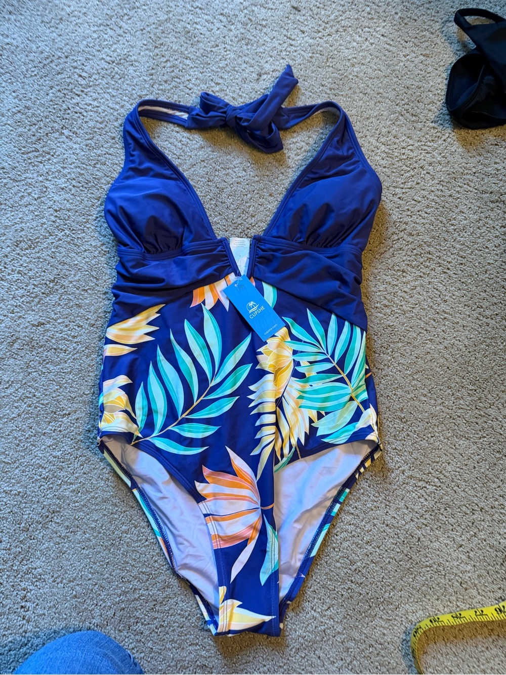 Cupshe Navy Tropical Leaf Halter One-Piece Swim